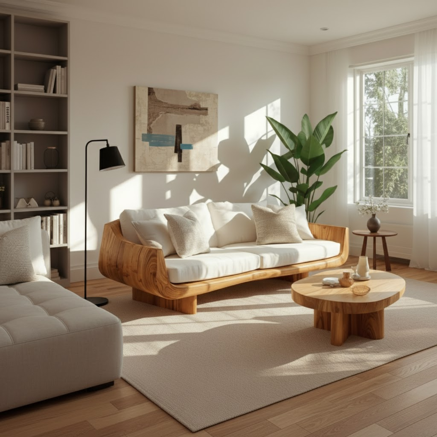 Handcrafted Solid Wood Sofa – Modern Curved Frame with Linen Cushions and Natural Finish Lynnsnail