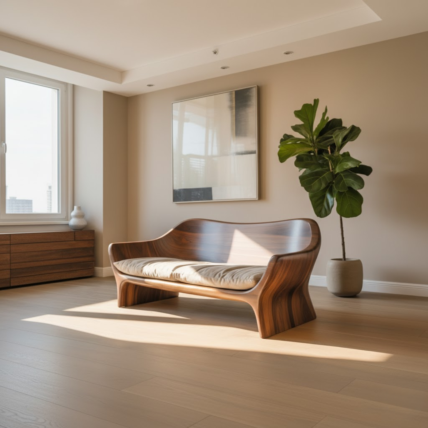 Handcrafted Solid Walnut Sofa – Sculptural Organic Wood Couch with Smooth Curves and Cushion Seat Lynnsnail