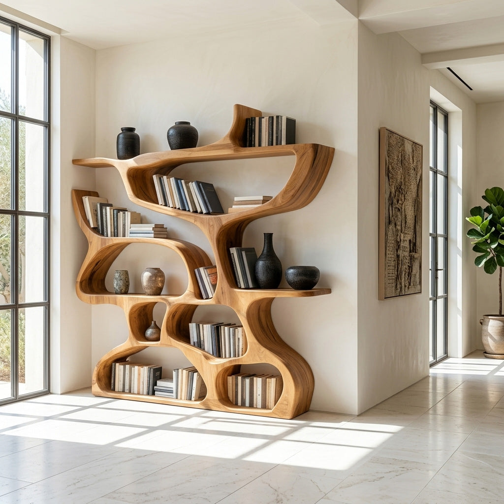 Modern Bookshelf With Organic Carved Design For Living Room Or Office Lynnsnail