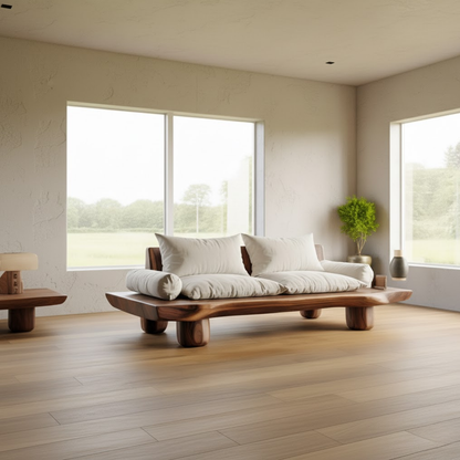 Handcrafted Solid Walnut Sofa – Low Organic Wood Couch with Linen Cushions and Rounded Legs Lynnsnail