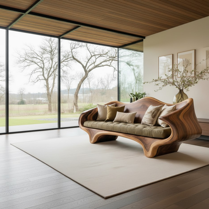 Handcrafted Solid Wood Sofa – Sculptural Organic Wood Couch with Artistic Curves and Cushion Seat Lynnsnail