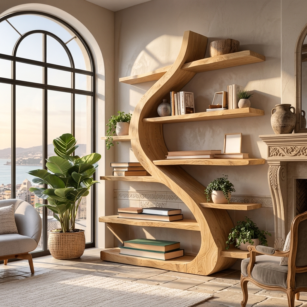 Organic Wooden Bookshelf Soft Curved Design For Home Decor Lynnsnail