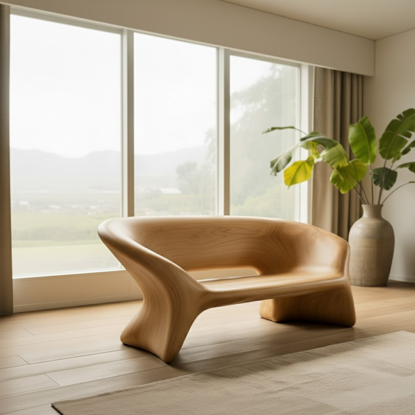 Handcrafted Solid Wood Sofa – Sculptural Organic Bench-Style Couch with Smooth Minimalist Design Lynnsnail