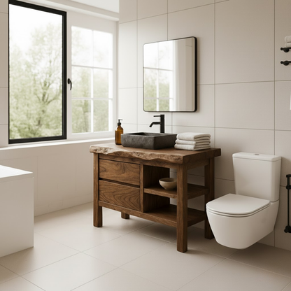 Handcrafted Solid Wood Bathroom Vanity with Live Edge Top and Open Shelf Lynnsnail
