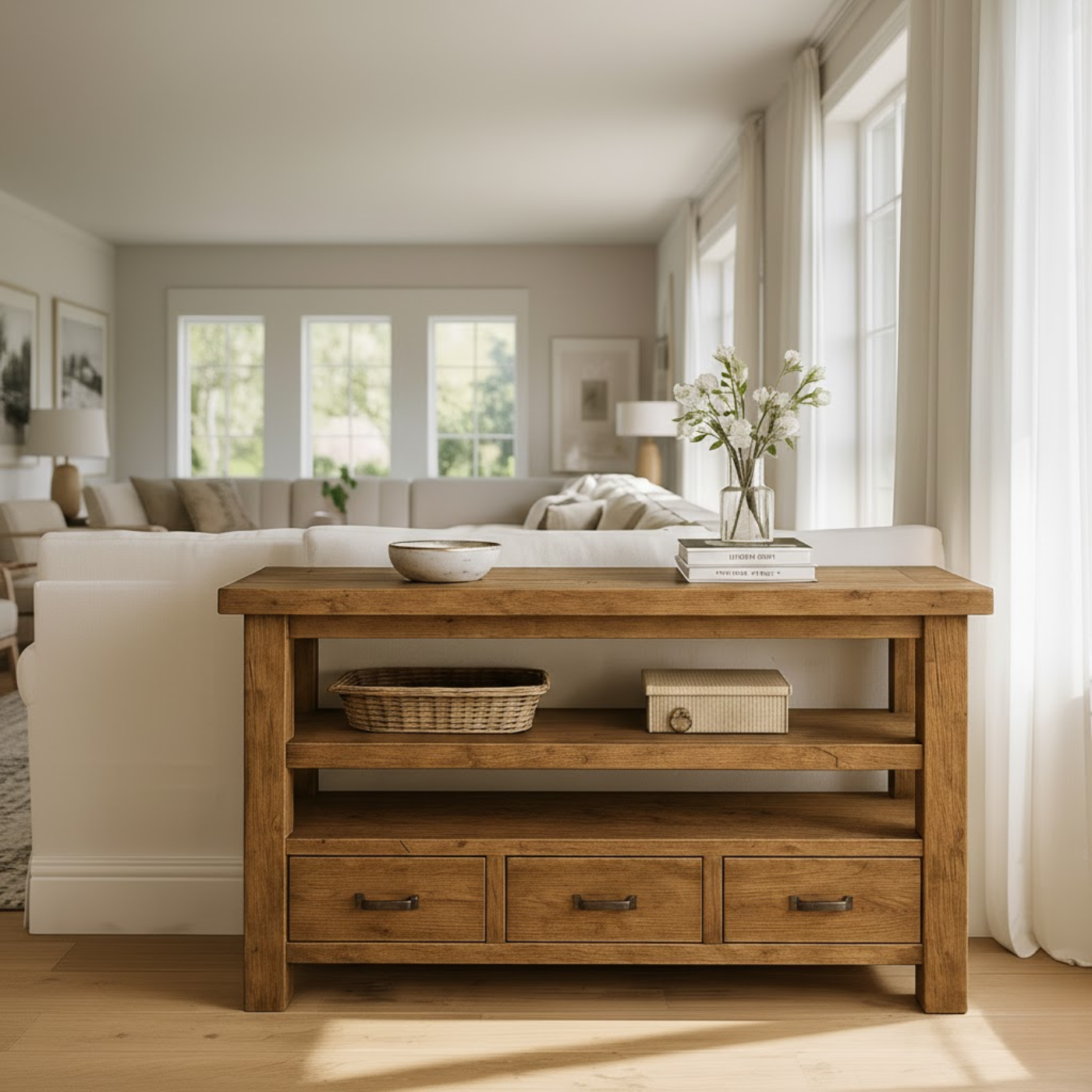 Handcrafted Solid Wood Console Table – Farmhouse Style with Three Storage Drawers Lynnsnail
