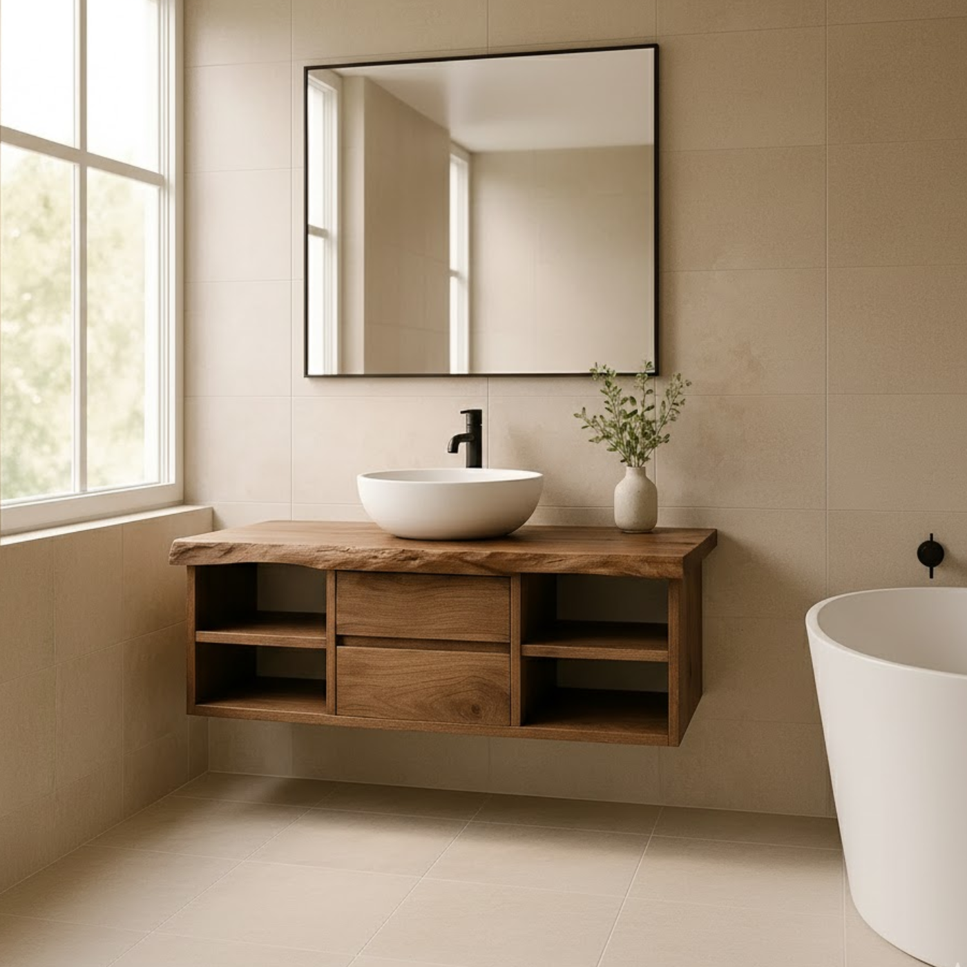 Handcrafted Solid Wood Floating Vanity - Live Edge Console with Central Drawers & Open Shelving Lynnsnail