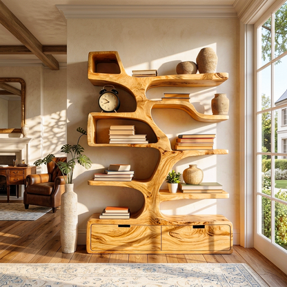 Contemporary Wooden Bookshelf Sculpted Design For Living Space Lynnsnail