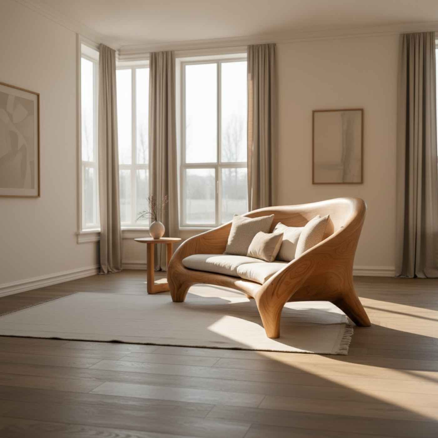 Handcrafted Solid Wood Sofa – Modern Organic Curved Couch with Smooth Sculptural Frame and Linen Cushions Lynnsnail