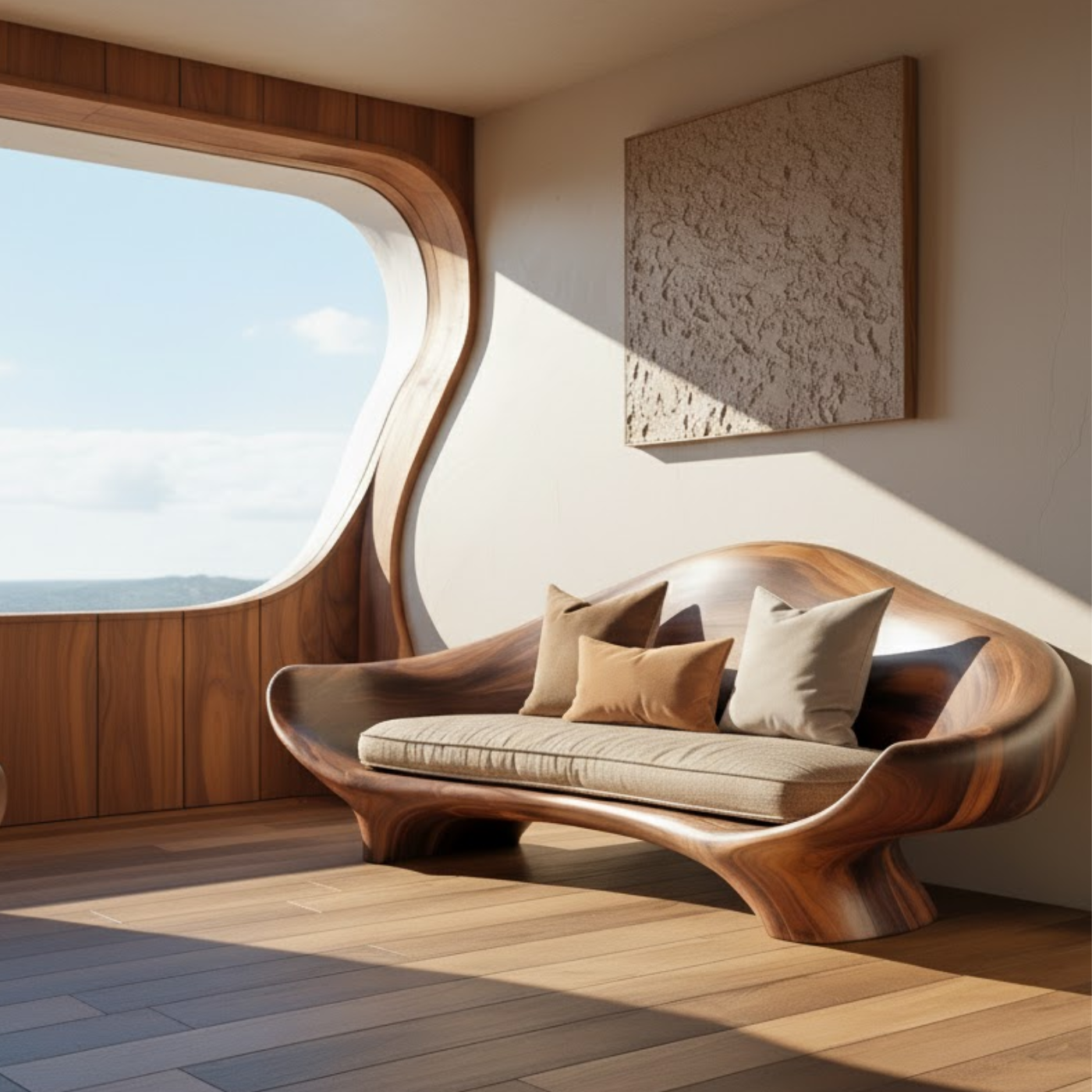 Handcrafted Solid Wood Sofa – Sculptural Organic Wood Couch with Smooth Curves and Linen Cushion Lynnsnail