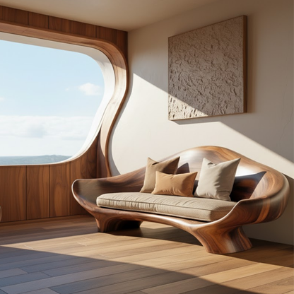 Handcrafted Solid Wood Sofa – Sculptural Organic Wood Couch with Smooth Curves and Linen Cushion Lynnsnail