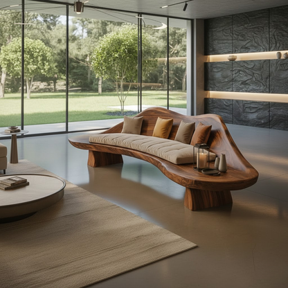 Handcrafted Solid Wood Sofa – Sculptural Wave-Form Wood Couch with Organic Curves and Cushion Seat Lynnsnail