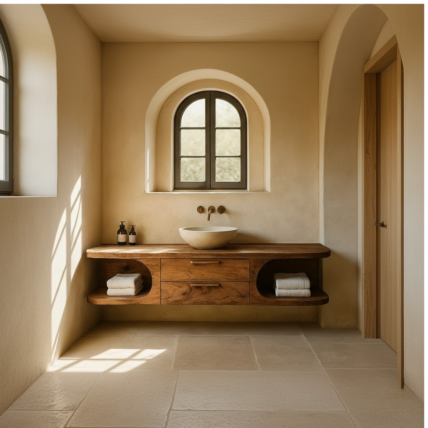 Handcrafted Solid Wood Floating Vanity - Organic Console with Curved Edges and Storage Nooks Lynnsnail