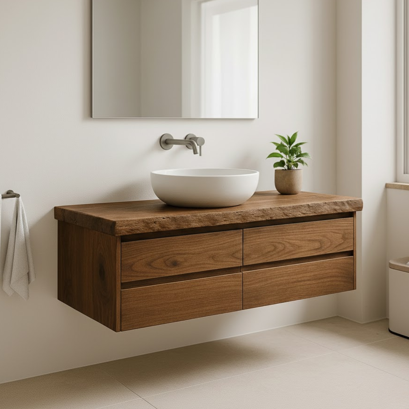 Handcrafted Solid Wood Floating Vanity - Live Edge Walnut Console with Max Storage 4-Drawer Lynnsnail
