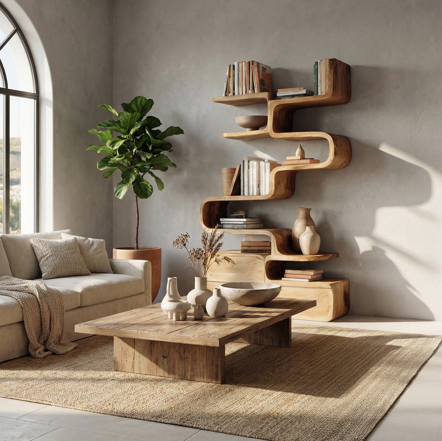 Scandinavian Sculptural Wooden Bookshelf With Organic Shape For Living Room Lynnsnail