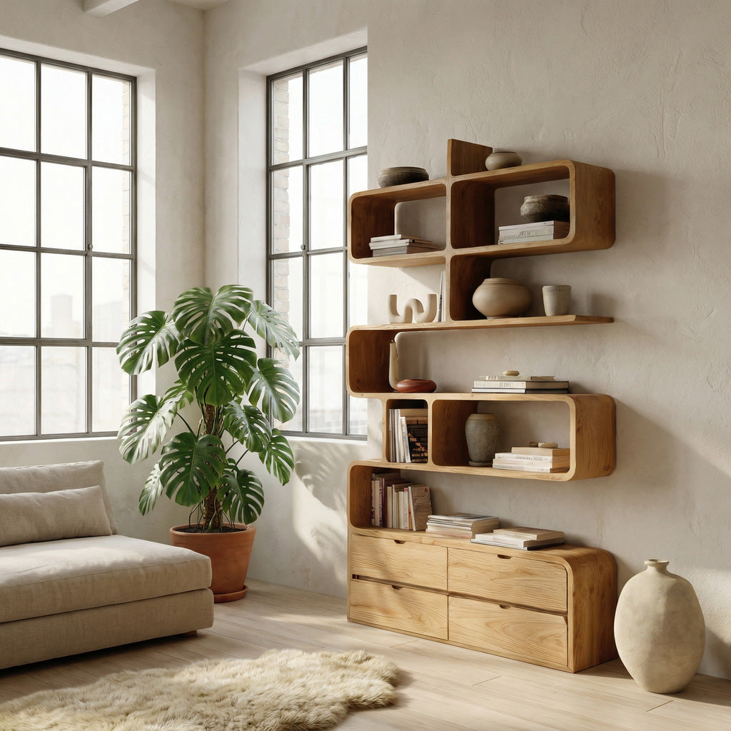 Minimalist Bookshelf With Curved Lines And Storage For Living Lynnsnail