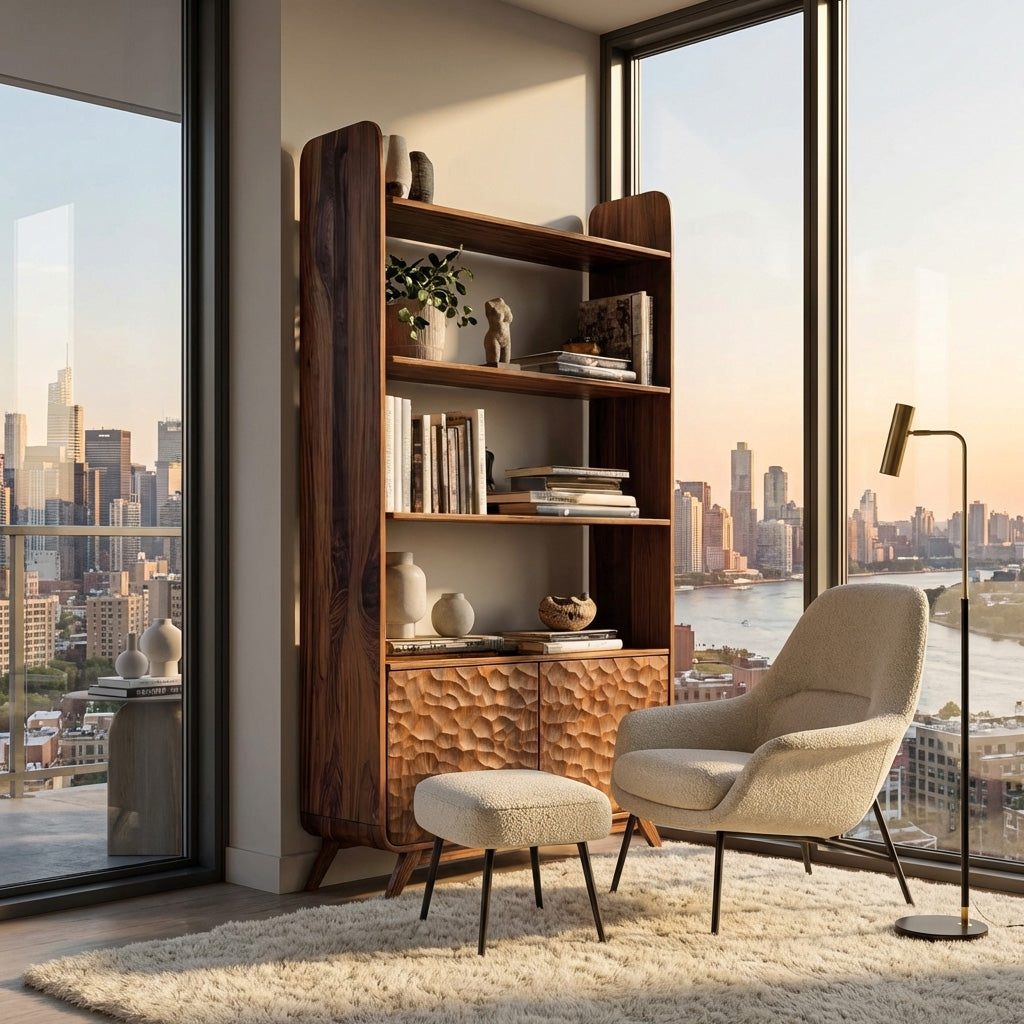 Contemporary Wooden Bookshelf With Sculpted Door Panels For Living Lynnsnail