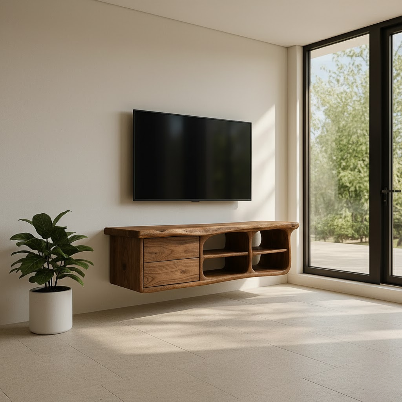 Handcrafted Solid Wood Floating TV Stand with Live Edge - Rustic Modern Media Console Lynnsnail