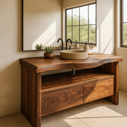 Handcrafted Solid Wood Bathroom Vanity with Live-Edge Walnut Top and Modern Storage Drawers Lynnsnail