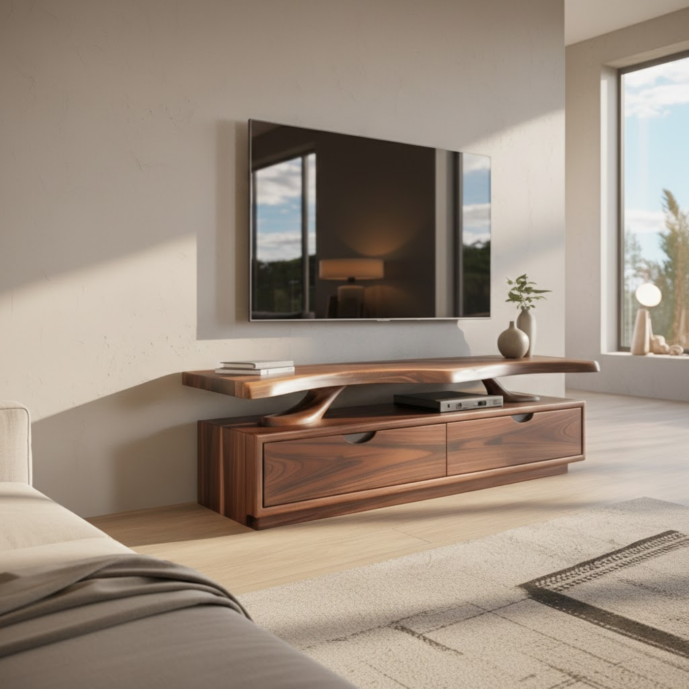 Handcrafted Solid Wood TV Stand with Sculpted Live-Edge Floating Shelf Lynnsnail