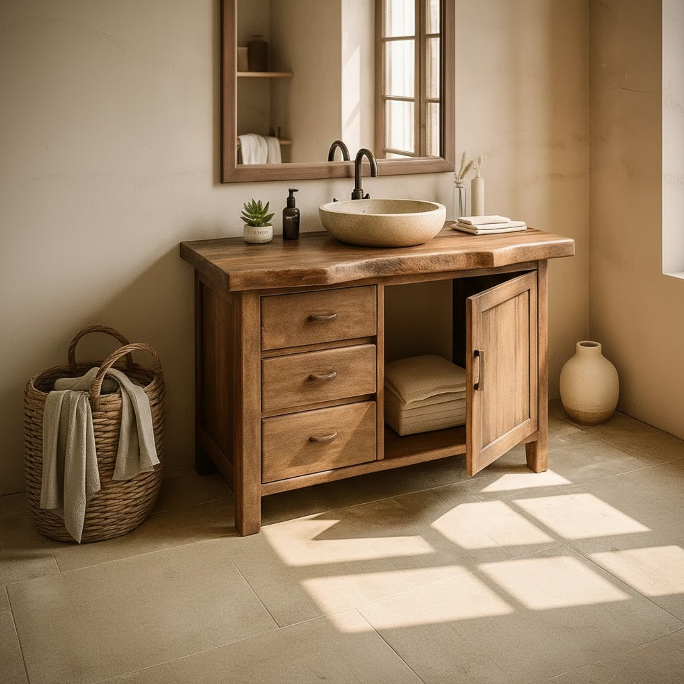 Handcrafted Solid Wood Bathroom Vanity with Live-Edge Top and Storage Drawers Lynnsnail