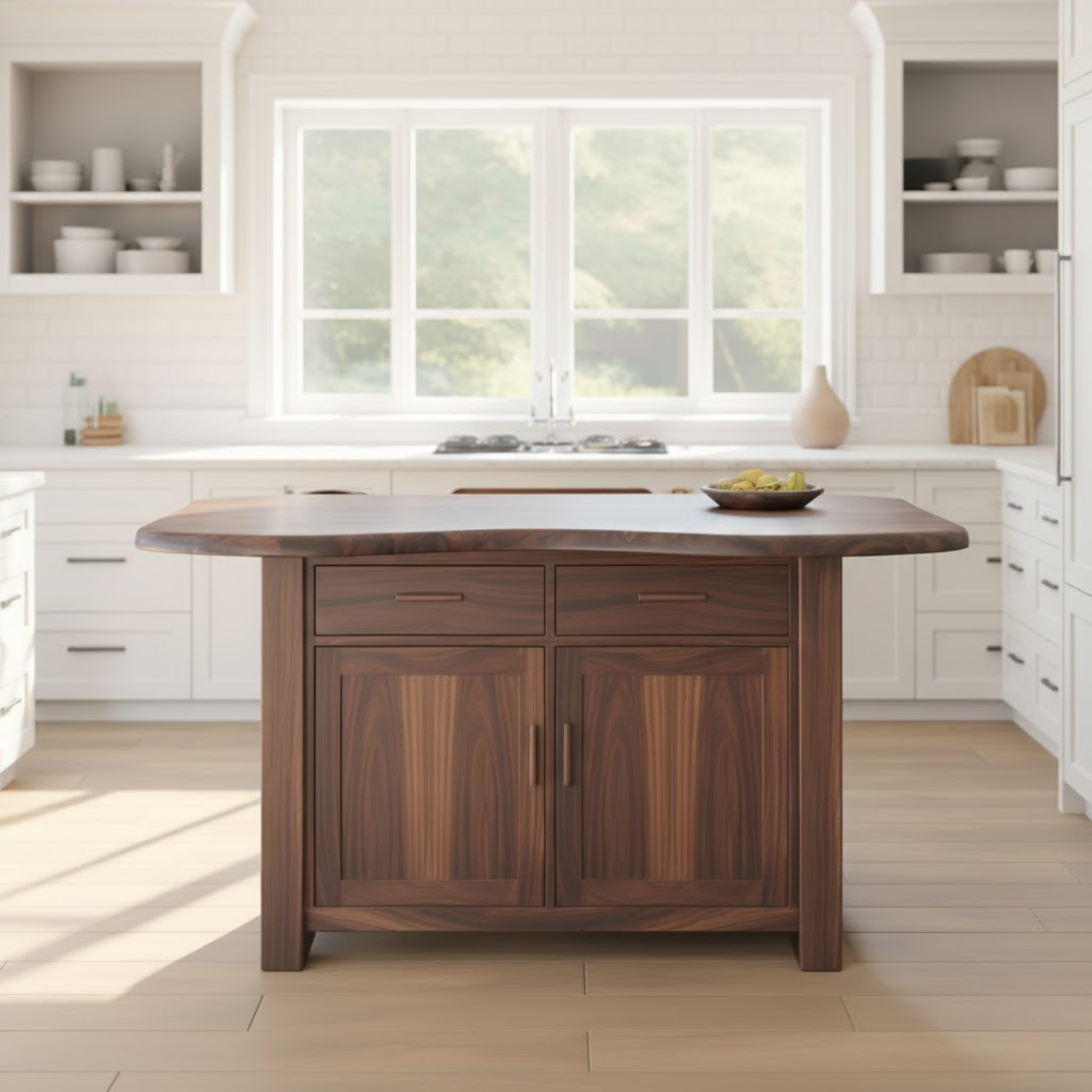 Handcrafted Solid Wood Kitchen Island with Live-Edge Curved Top and Spacious Storage Lynnsnail