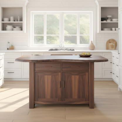 Handcrafted Solid Wood Kitchen Island with Live-Edge Curved Top and Spacious Storage Lynnsnail