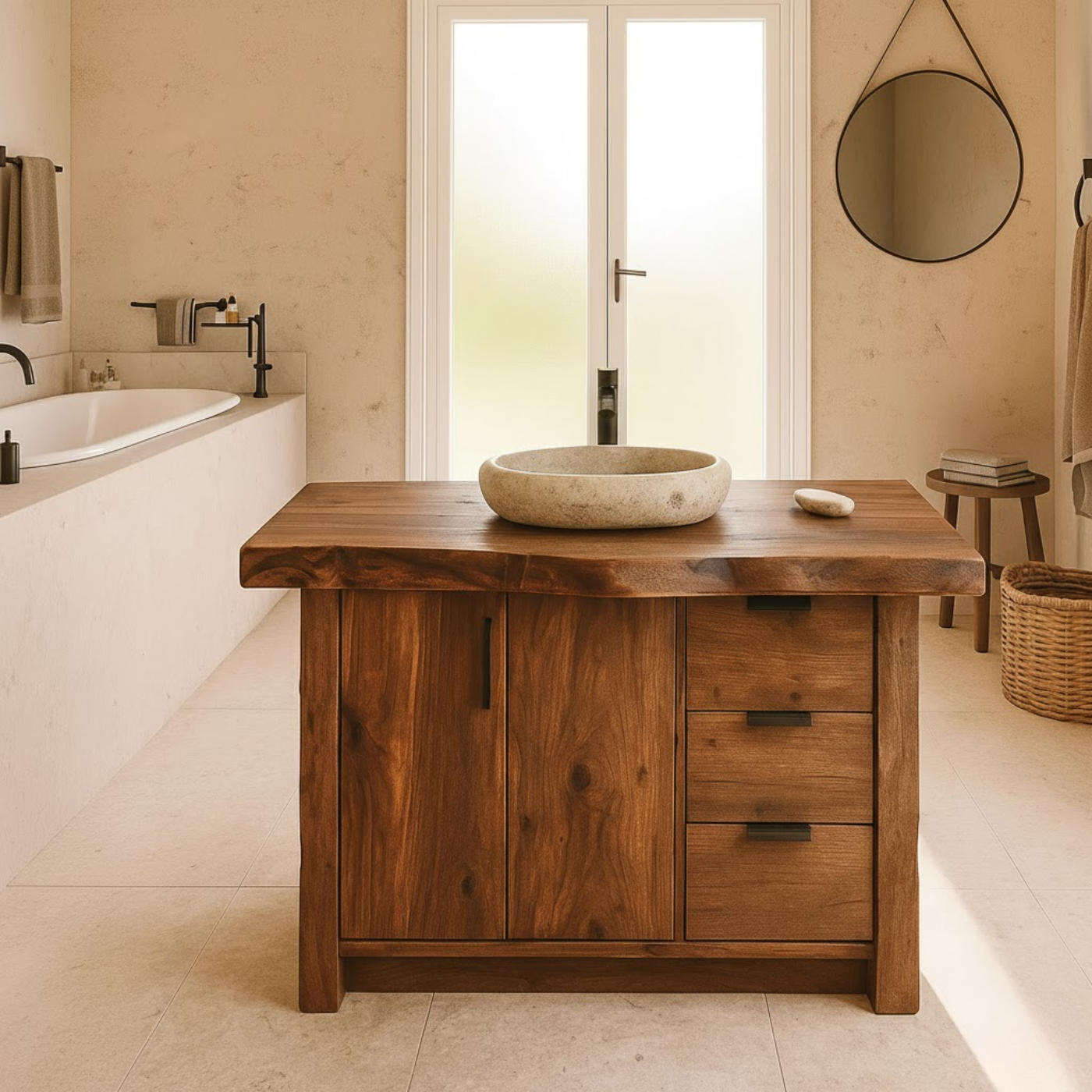 Handcrafted Solid Wood Bathroom Vanity with Live-Edge Top and Modern Storage Drawers Lynnsnail