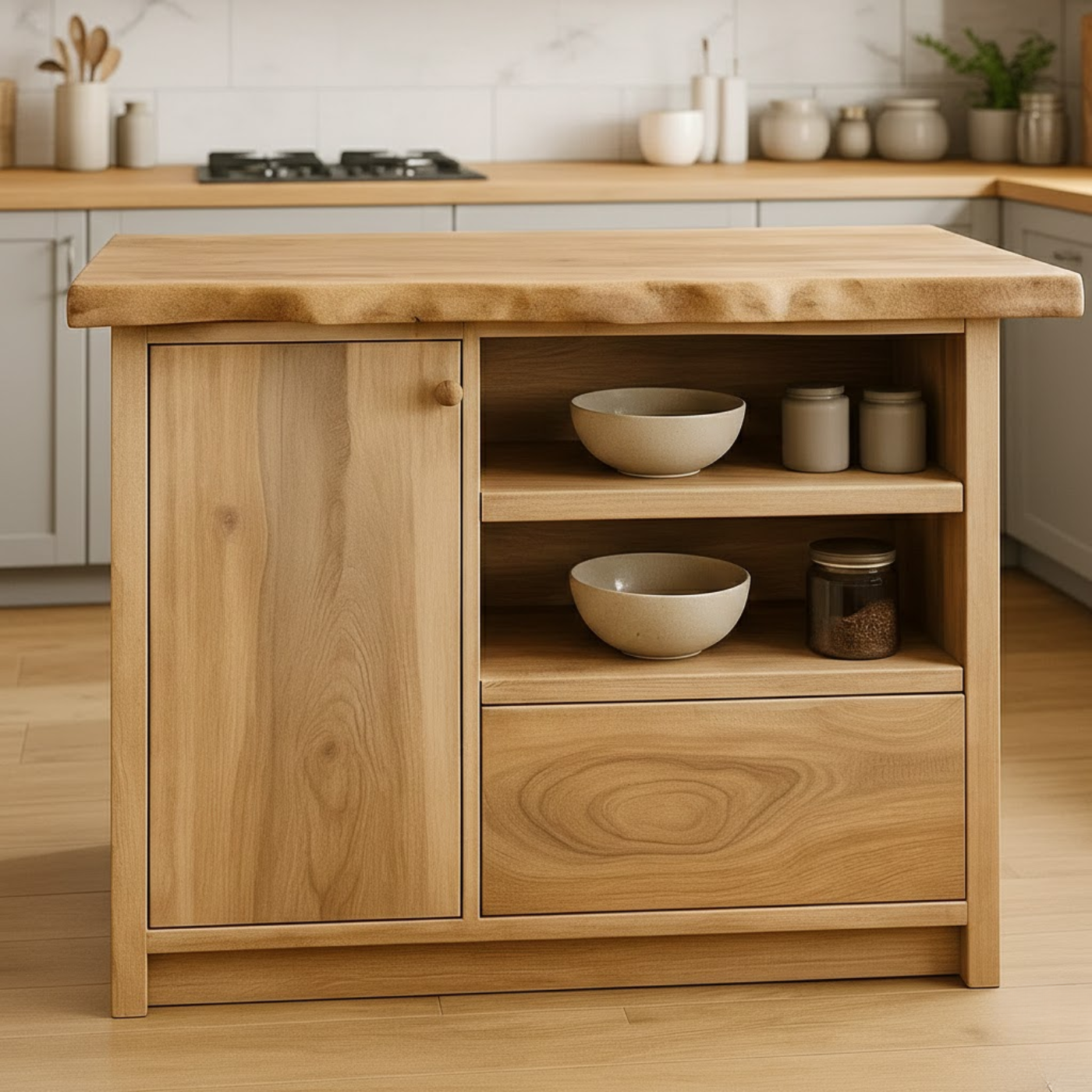 Handcrafted Solid Wood Kitchen Island with Live-Edge Top and Open Storage Shelves Lynnsnail