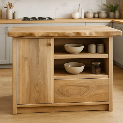 Handcrafted Solid Wood Kitchen Island with Live-Edge Top and Open Storage Shelves Lynnsnail