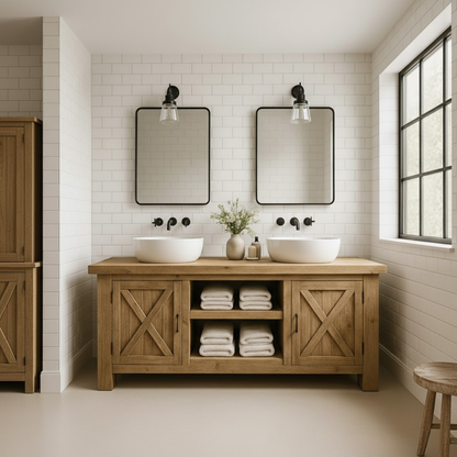 Handcrafted Solid Wood Bathroom Vanity - Farmhouse Double Sink Cabinet - Rustic Oak Storage Furniture Lynnsnail