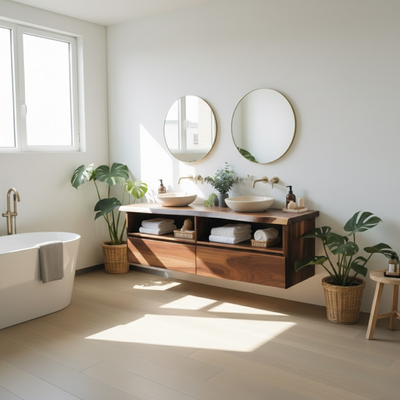 Handcrafted Solid Wood Floating Bathroom Vanity with Open Shelves & Soft-Close Drawers Lynnsnail