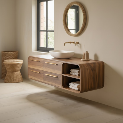 Handcrafted Solid Walnut Floating Vanity: Minimalist Gold Handle Bathroom Storage Lynnsnail