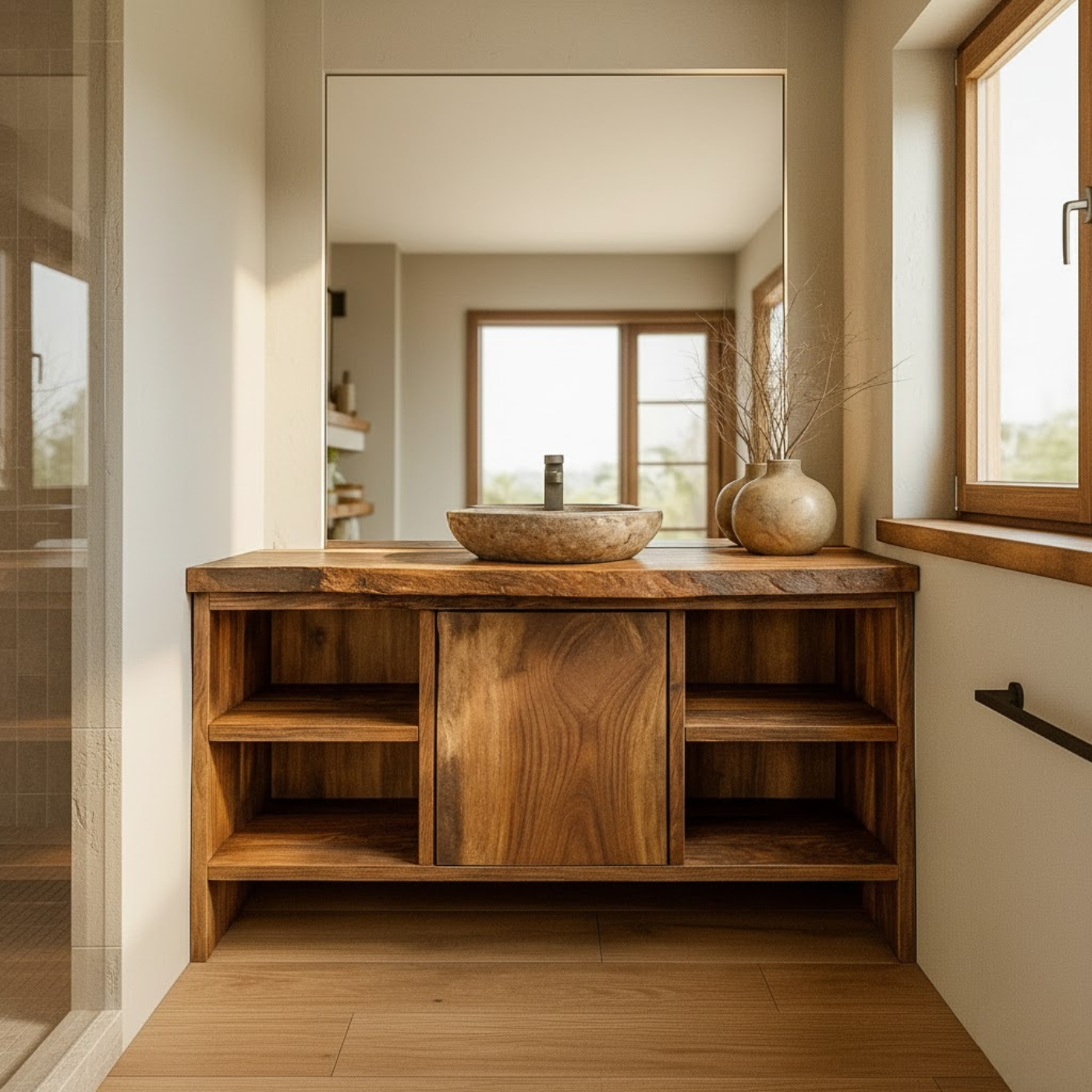 Handcrafted Solid Wood Bathroom Vanity with Central Sliding Door & Open Storage Shelves Lynnsnail