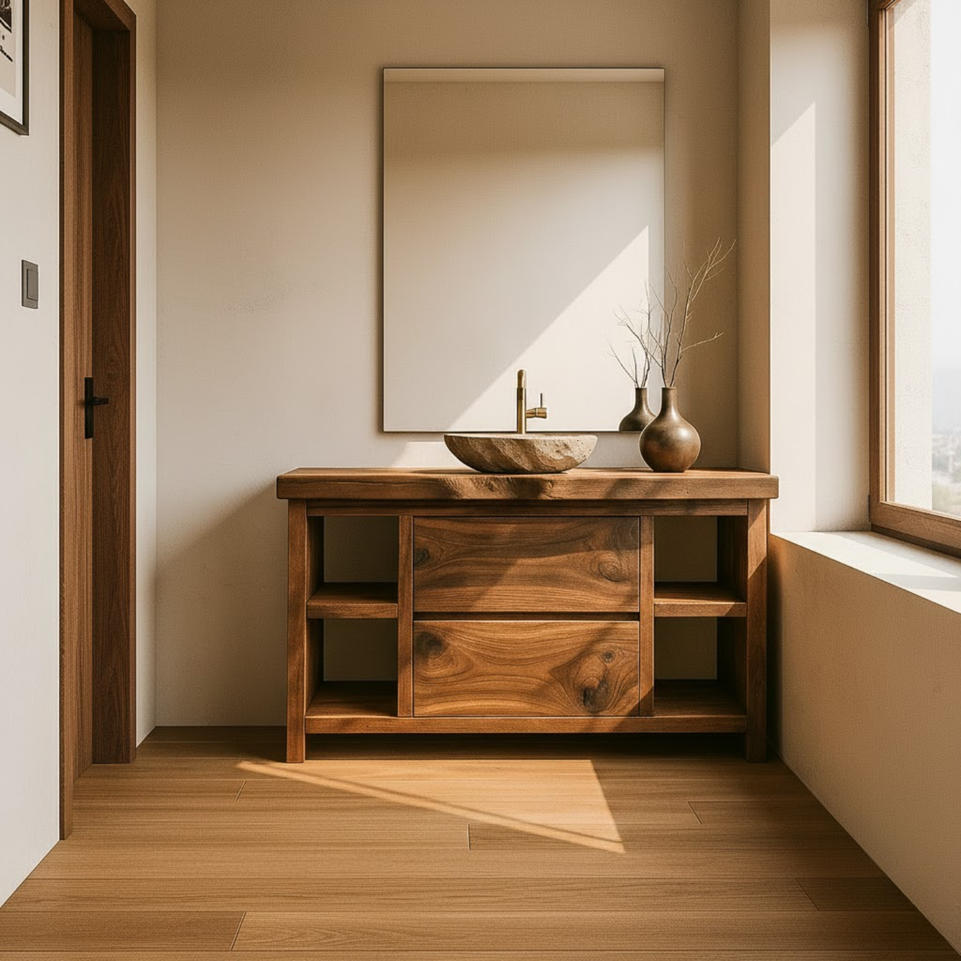 Handcrafted Solid Wood Bathroom Vanity with Live Edge Top and Curved Drawer Design Lynnsnail