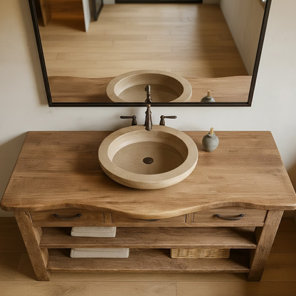 Handcrafted Solid Wood Bathroom Vanity with Curved Live-Edge Top and Triple Storage Drawers Lynnsnail