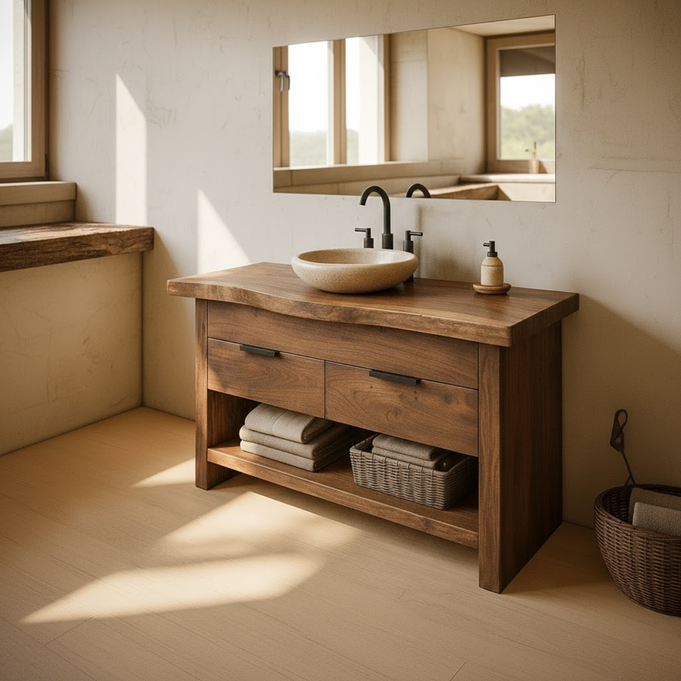 Handcrafted Solid Wood Bathroom Vanity with Live Edge Top and Open Storage Shelf Lynnsnail