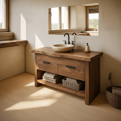 Handcrafted Solid Wood Bathroom Vanity with Live Edge Top and Open Storage Shelf Lynnsnail