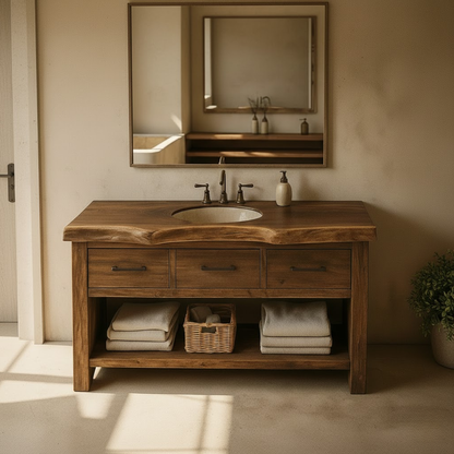 Handcrafted Solid Wood Bathroom Vanity with Live Edge Top, Triple Drawers & Open Storage Shelf Lynnsnail