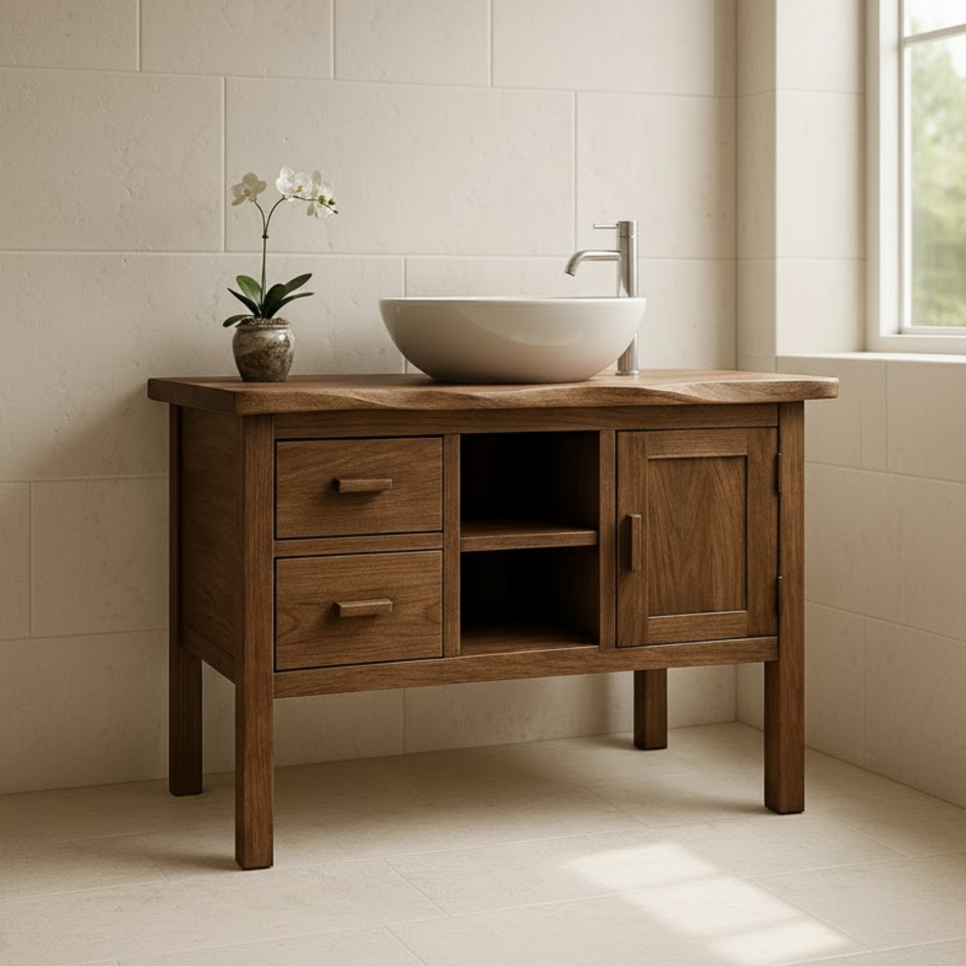Handcrafted Solid Wood Bathroom Vanity - Live Edge Top, 2 Drawers & Open Frame Shelving (Copy) Lynnsnail
