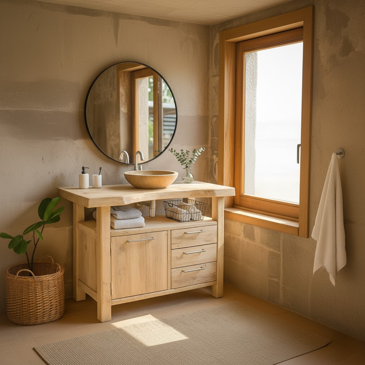 Handcrafted Solid Wood Bathroom Vanity with Live Edge Oak Top and Storage Drawers
