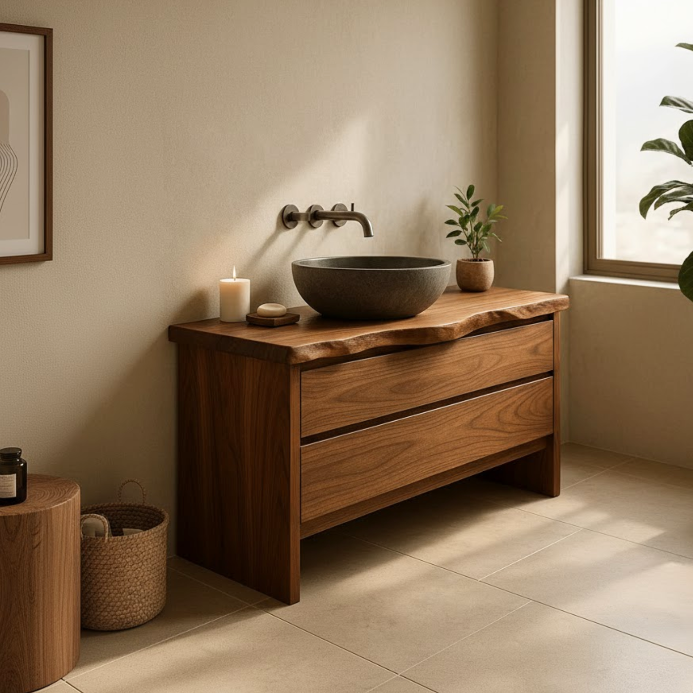 Handcrafted Solid Wood Bathroom Vanity with Live Edge Top - Rustic Modern Washstand Lynnsnail