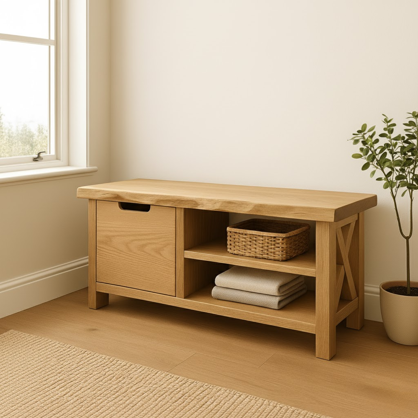 Handcrafted Solid Wood Bench – Modern Rustic Seating with X-Accent and Storage Lynnsnail