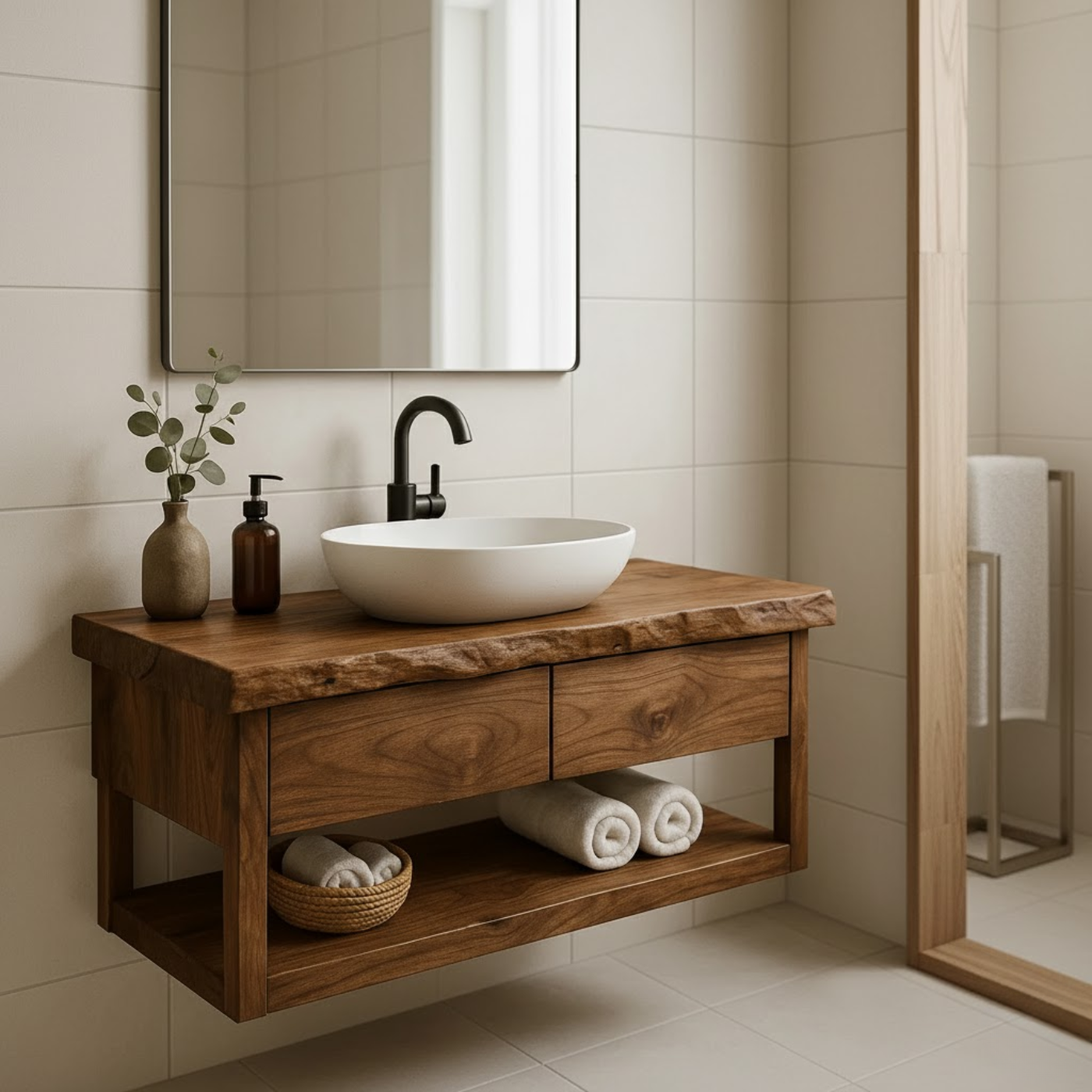 Handcrafted Solid Wood Floating Bathroom Vanity with Live Edge Top - Modern Rustic Washstand Lynnsnail