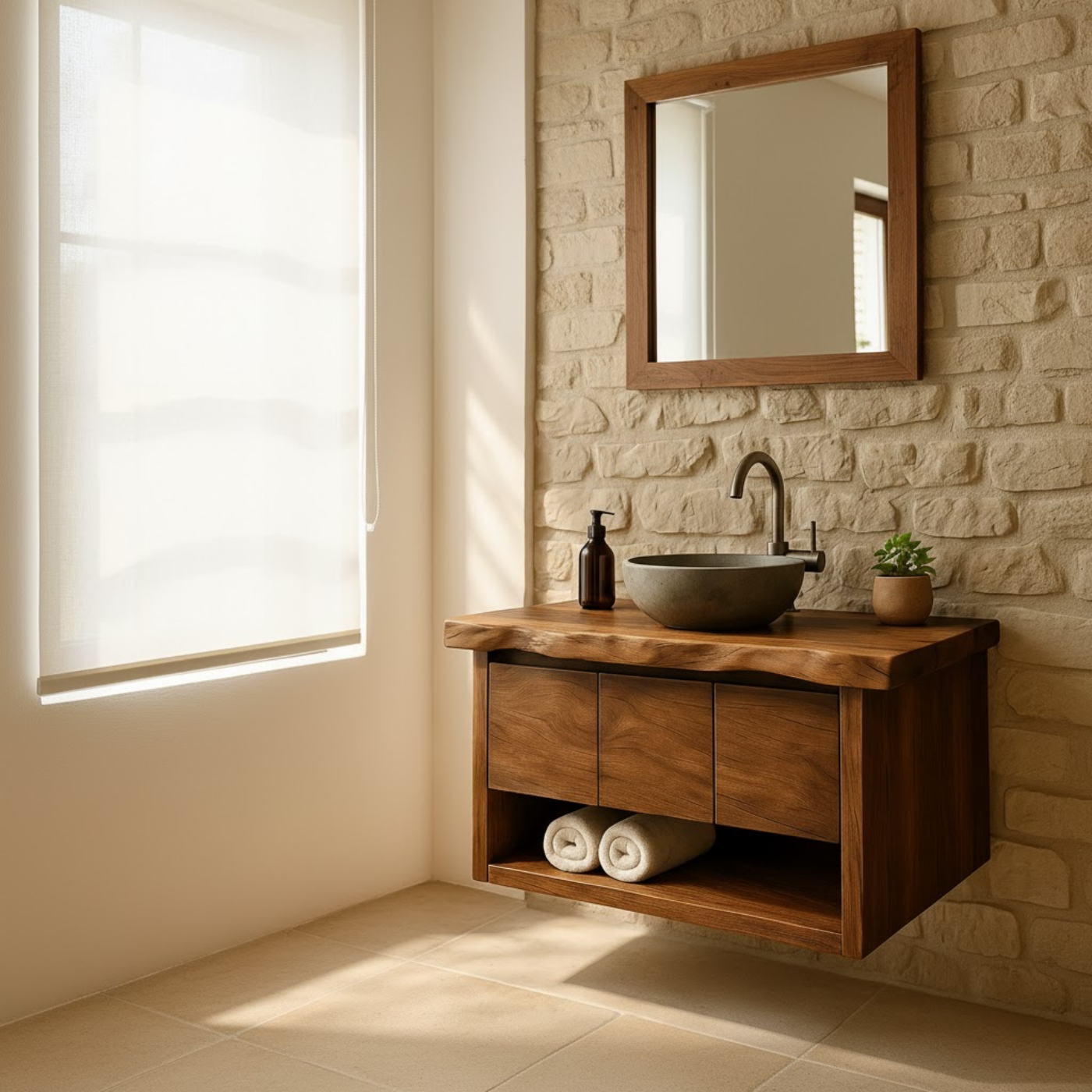Handcrafted Solid Wood Floating Bathroom Vanity with Live Edge Top - Rustic Modern Washstand Lynnsnail
