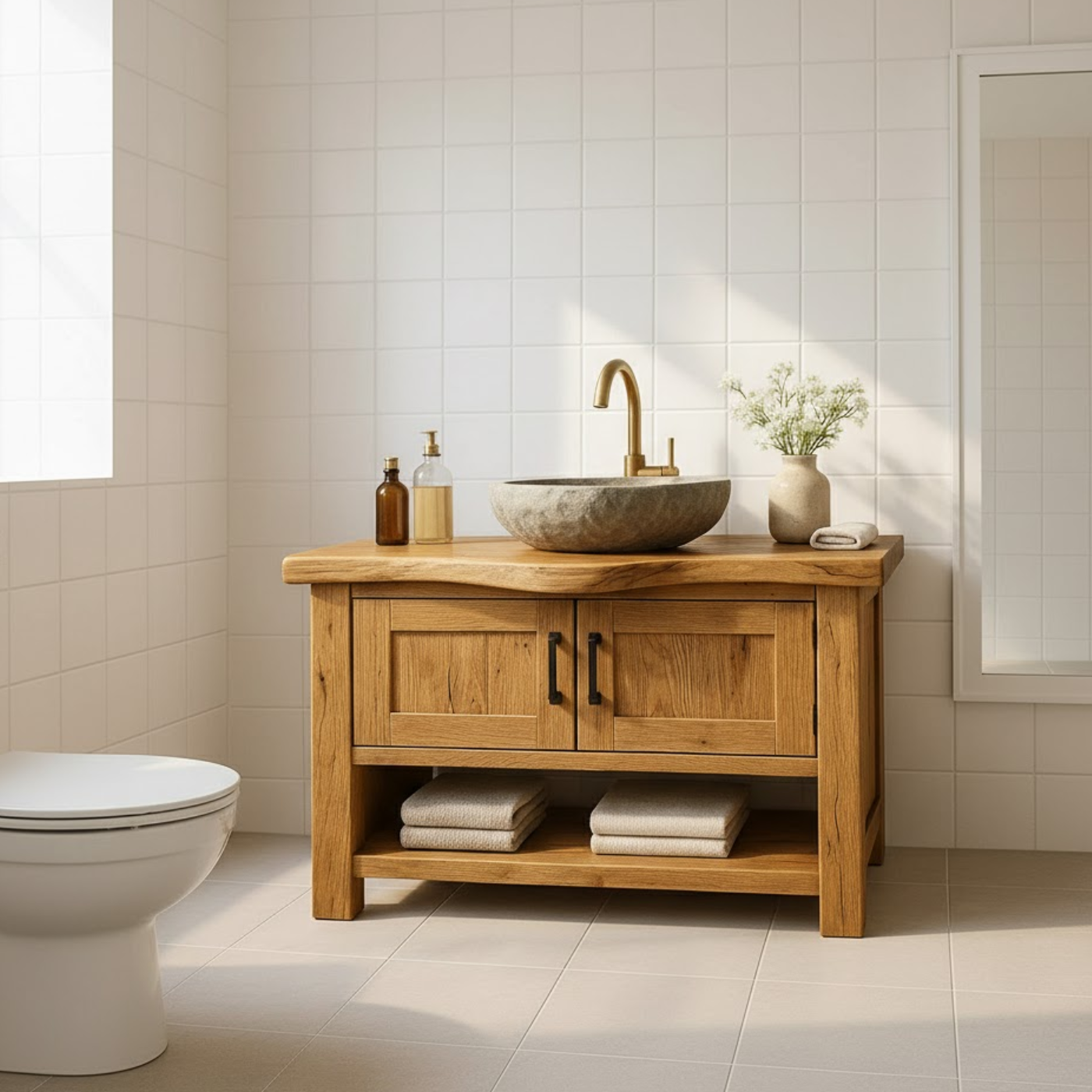 Handcrafted Solid Wood Bathroom Vanity - Rustic Live Edge Cabinet & Open Shelf Lynnsnail