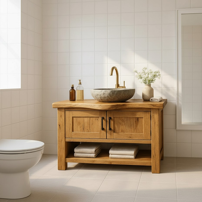 Handcrafted Solid Wood Bathroom Vanity - Rustic Live Edge Cabinet & Open Shelf Lynnsnail