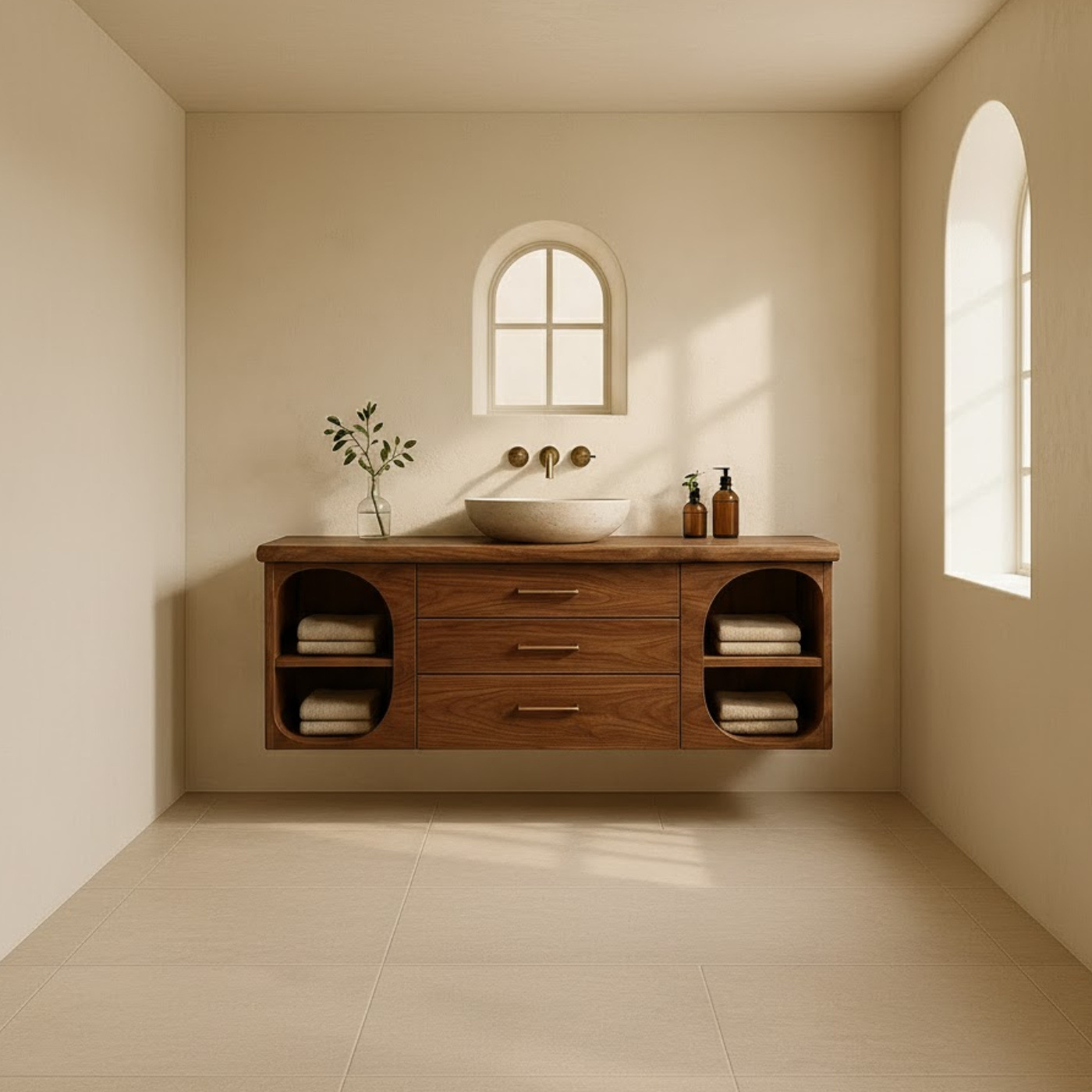 Handcrafted Solid Wood Floating Vanity - Modern Wall-Mounted Cabinet with Arches Lynnsnail