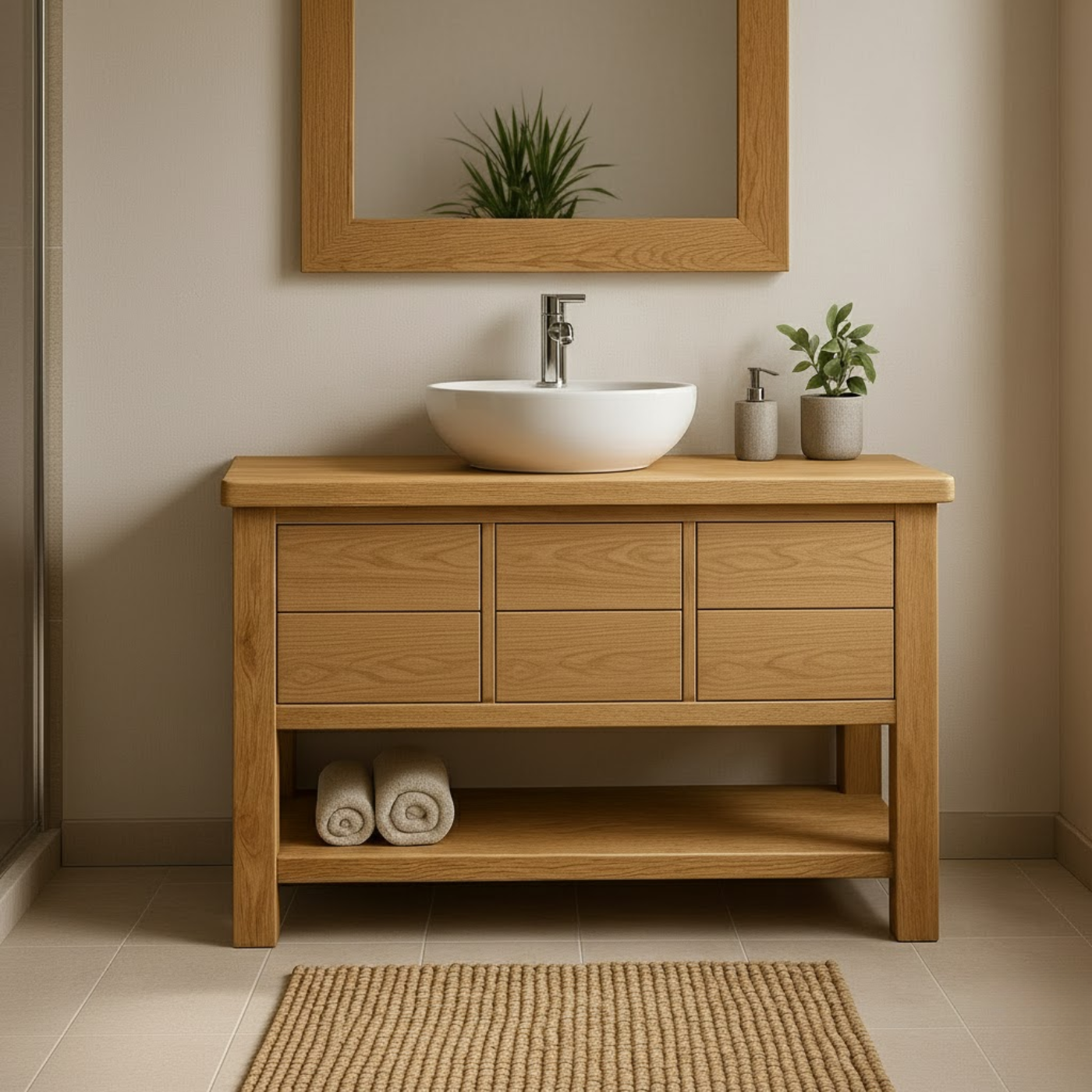 Handcrafted Solid Wood Bathroom Vanity with Oak Finish and Open Shelf Lynnsnail
