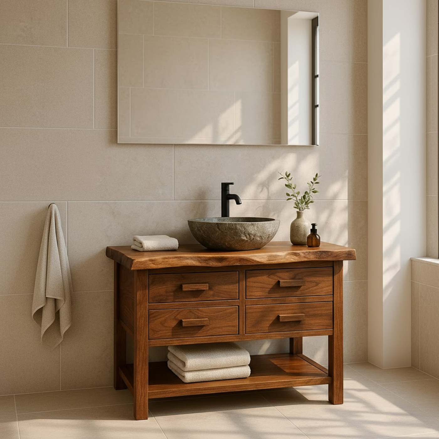 Handcrafted Solid Wood Bathroom Vanity with Live Edge Top and 4 Drawers Lynnsnail