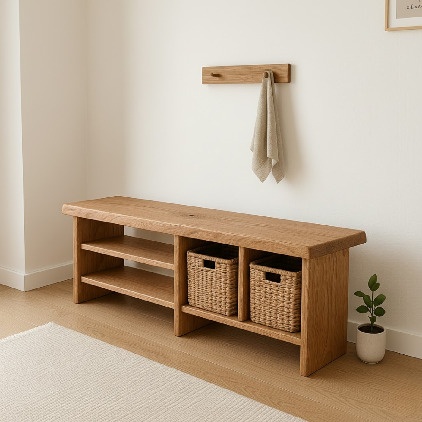 Handcrafted Solid Wood Bench – Minimalist Seating with Open Cubby Organiser Lynnsnail